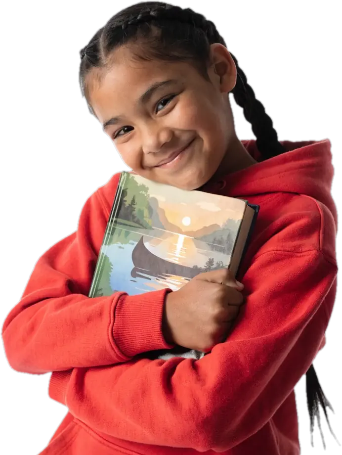 Smiling girl in a red hoodie hugging a library book with a canoe on the cover