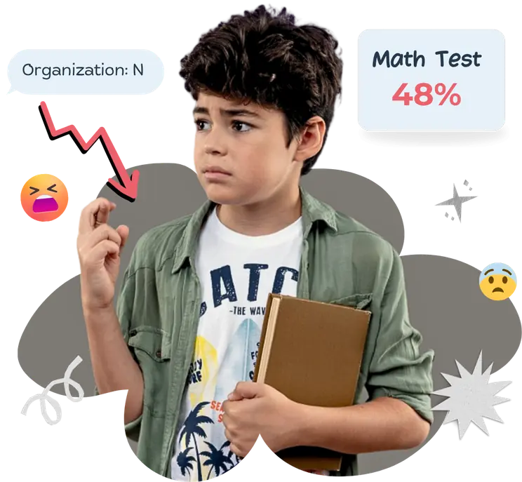 A student with short dark hair, wearing a green shirt over a printed white T-shirt, holds a brown book and makes a frustrated gesture. Surrounding the student are playful pop-art style graphics: a downward red zigzag arrow, an angry emoji, a sad emoji, and star-like accent shapes. Floating speech bubbles display a math test score of 48% and organization note, all on a clean white background with abstract gray cloud shapes.