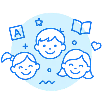 Blue line art icon of three smiling children's faces, each with different hairstyles, set against a circular light blue background, representing a happy and diverse group of students.