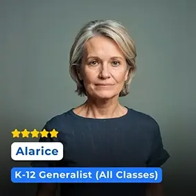 A photo of Alarice, a mature female educator with a reassuring expression, indicating broad expertise in K-12 education across multiple subjects.