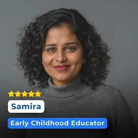 A photo of Samira, a female early childhood educator with a friendly expression, emphasizing nurturing and developmental learning for young children.