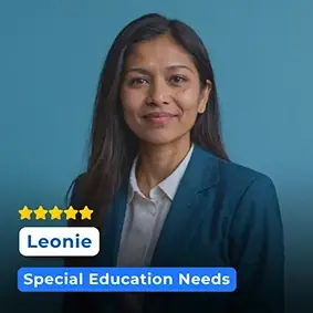 A professional photo of Leonie, a female educator specializing in special education, exuding calmness and dedication to supporting diverse learning needs.