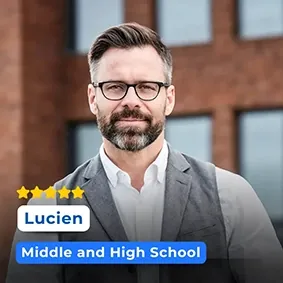 A photo of Lucien, a middle-aged male educator with glasses, teaching middle and high school students, conveying confidence and expertise in advanced subjects.