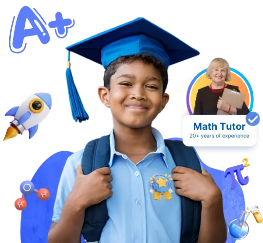 A smiling student holding a yellow book with illustrated floating elements and teacher profiles in the background. The image highlights personalized tutor matching, with text bubbles displaying 'It's a match!' and 'Find my teacher' to represent the ease of connecting students with teachers on the platform.
