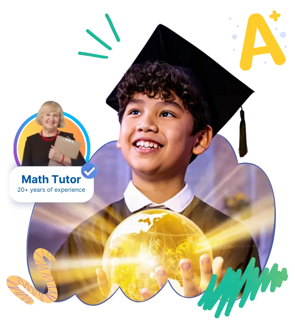 Smiling student in graduation cap holding a glowing globe, symbolizing academic success, with a certified math tutor badge highlighting 20+ years of experience