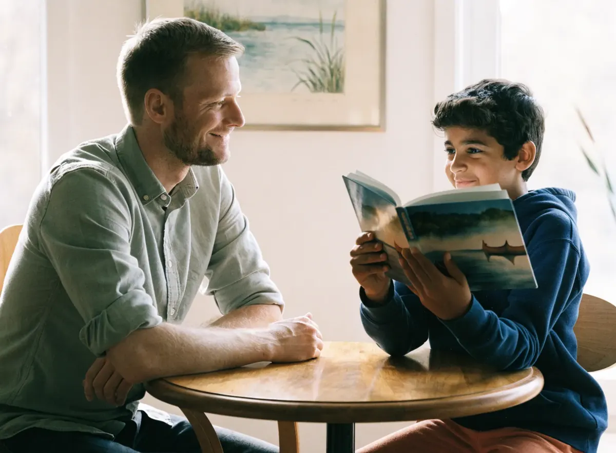 A teacher reading a book with a student