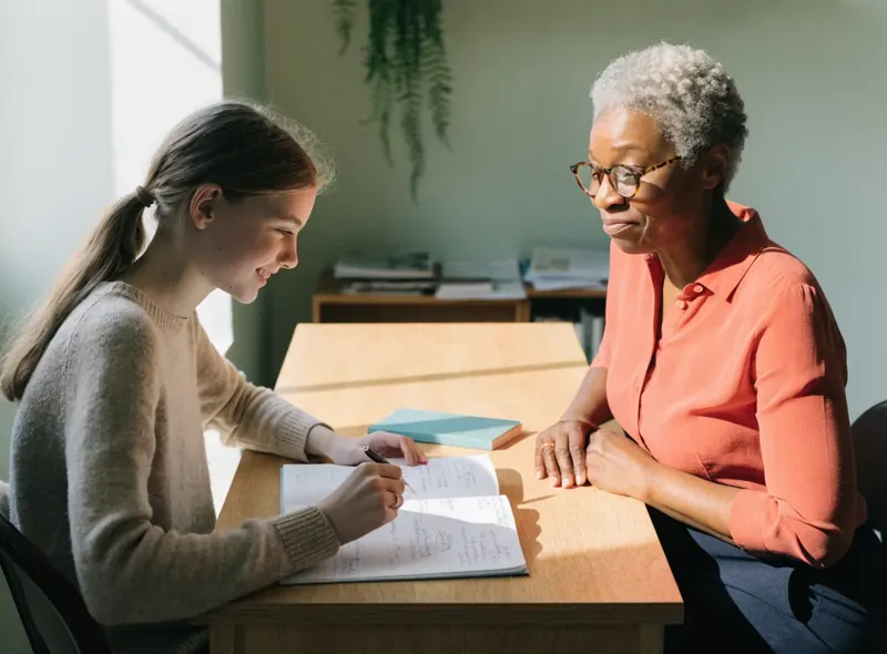 A teacher guiding a student through essay writing