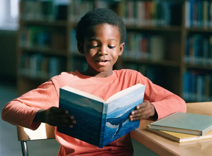 A young reader enjoying a book in a library
