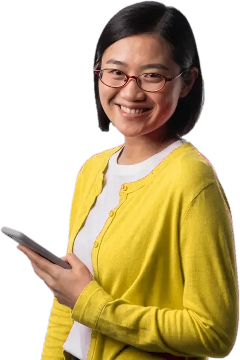 A smiling Connect Education customer care advisor in glasses and a yellow cardigan holding a phone