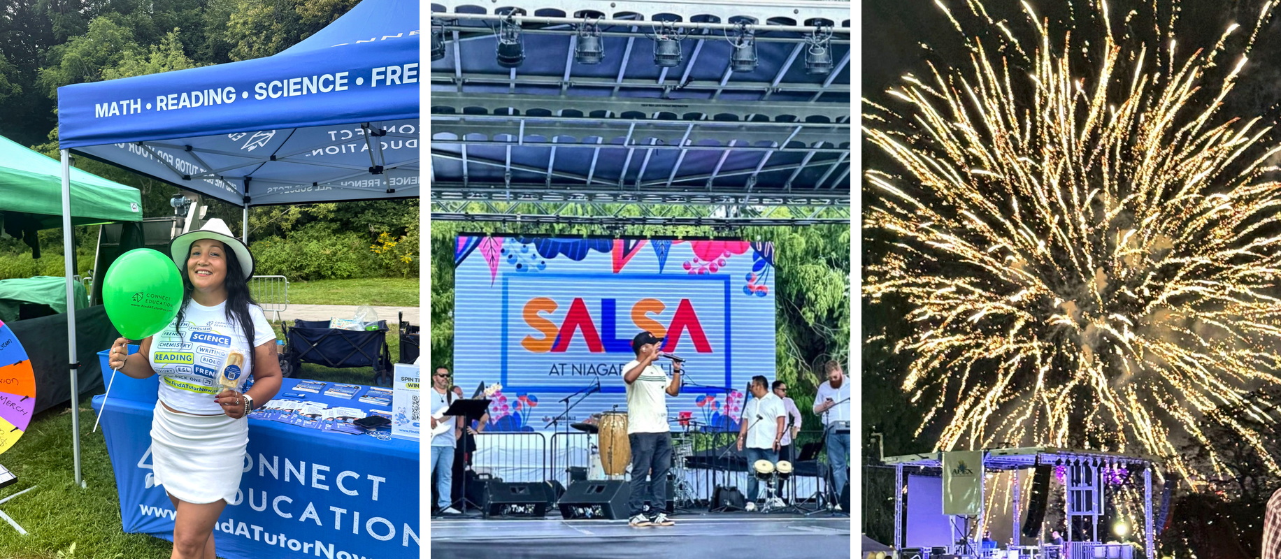 balloon at booth, singer on main stage, fireworks over the stage at nigh