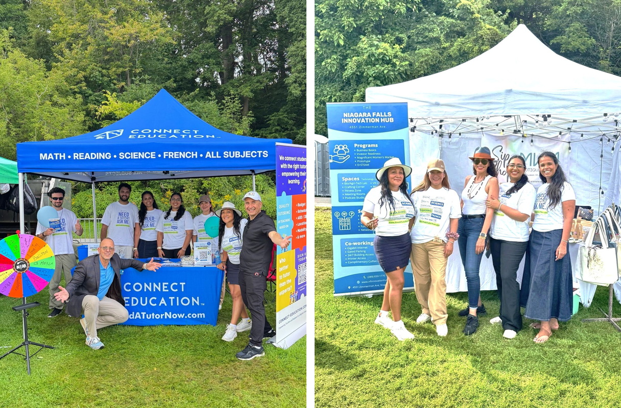 Mayor Jim Diodati and Aldo Di Felice of TLN Media Group with the Connect Education team at their booth at Salsa in Niagara Falls, and team members with the Niagara Falls Innovation Hub at their tent