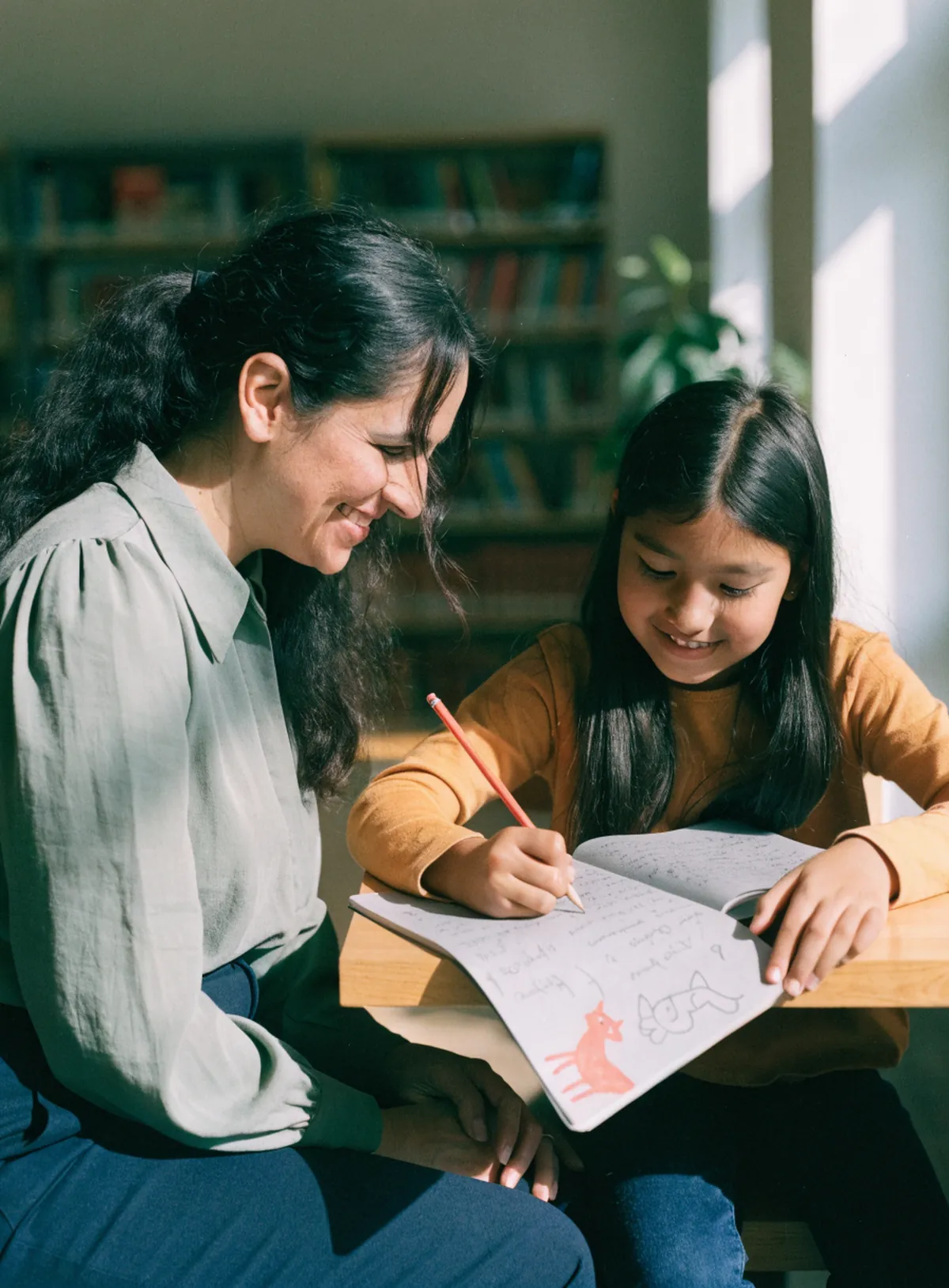 English tutor reading along as a girl writes a story in her notebook at the library