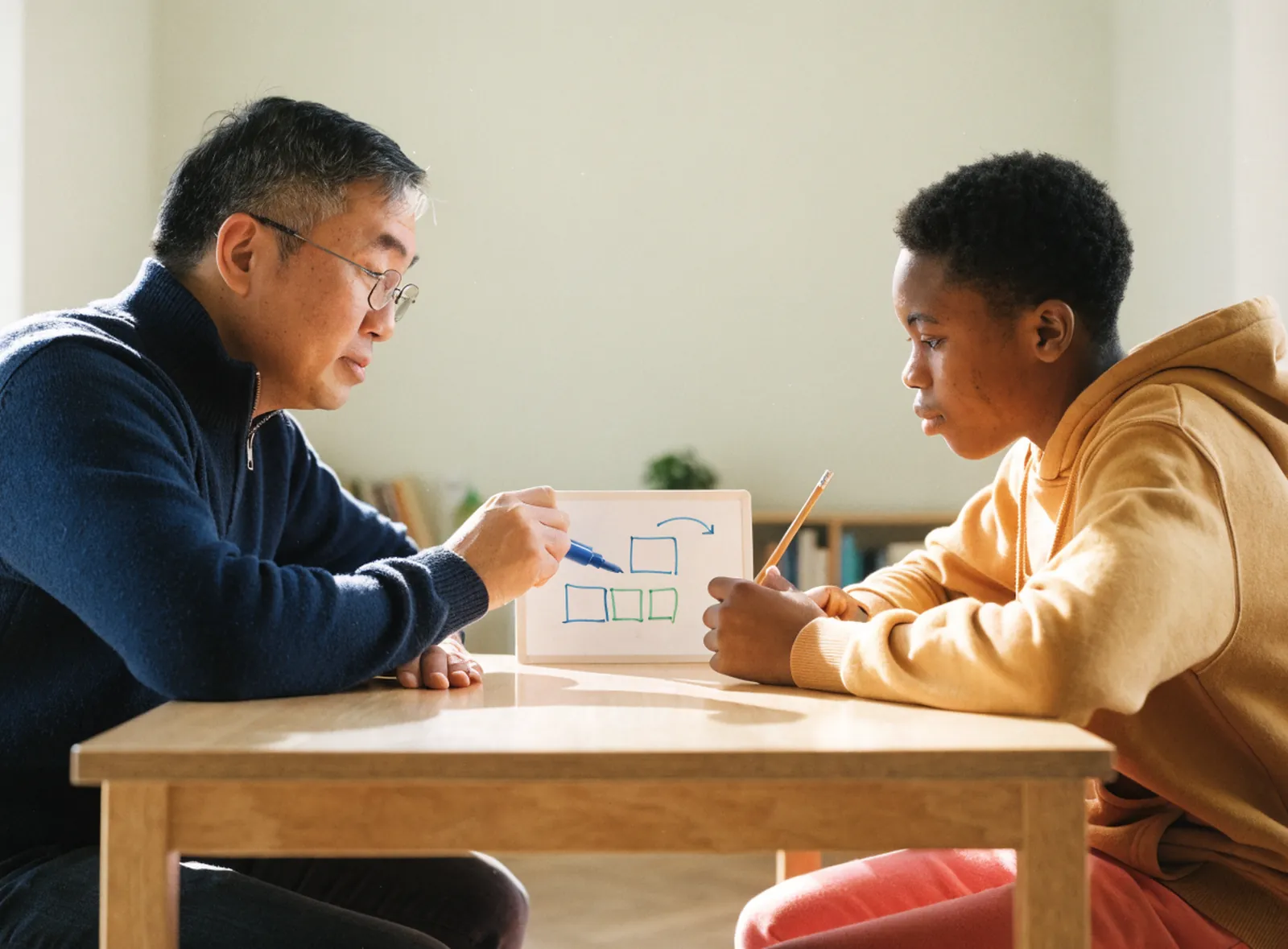 Math tutor pointing to a bar model on a small whiteboard as a student works out the answer