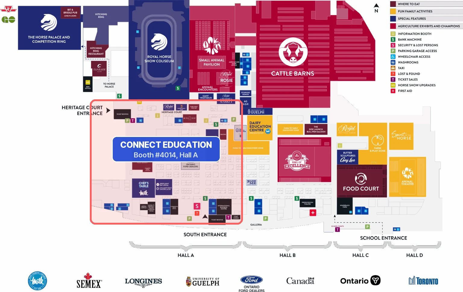 Map of the Royal Agricultural Winter Fair floor with Hall A highlighted, where Connect Education is at Booth 4014.