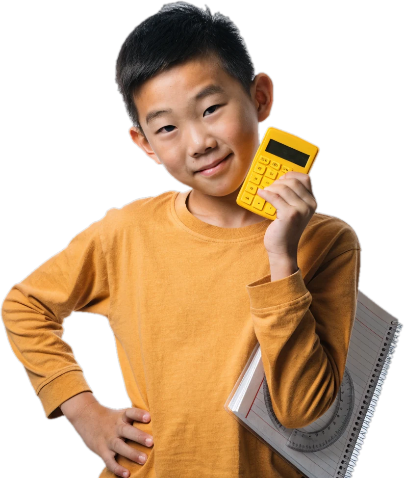 Smiling boy holding a yellow calculator beside his cheek, with a math notebook and protractor under his arm
