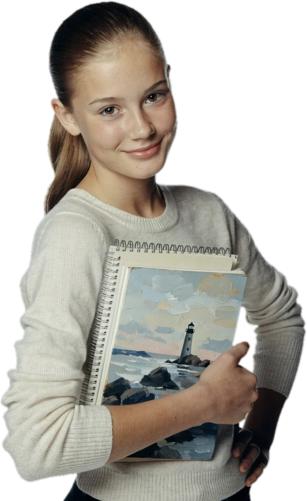 Smiling teenage student hugging a novel and a notebook, one hand on her hip