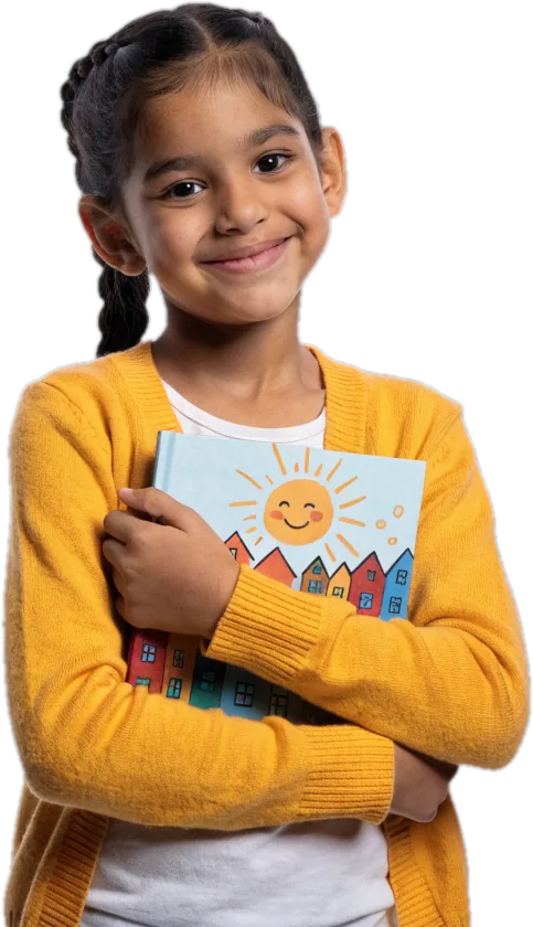 Smiling girl hugging a picture book with a painted sun on the cover