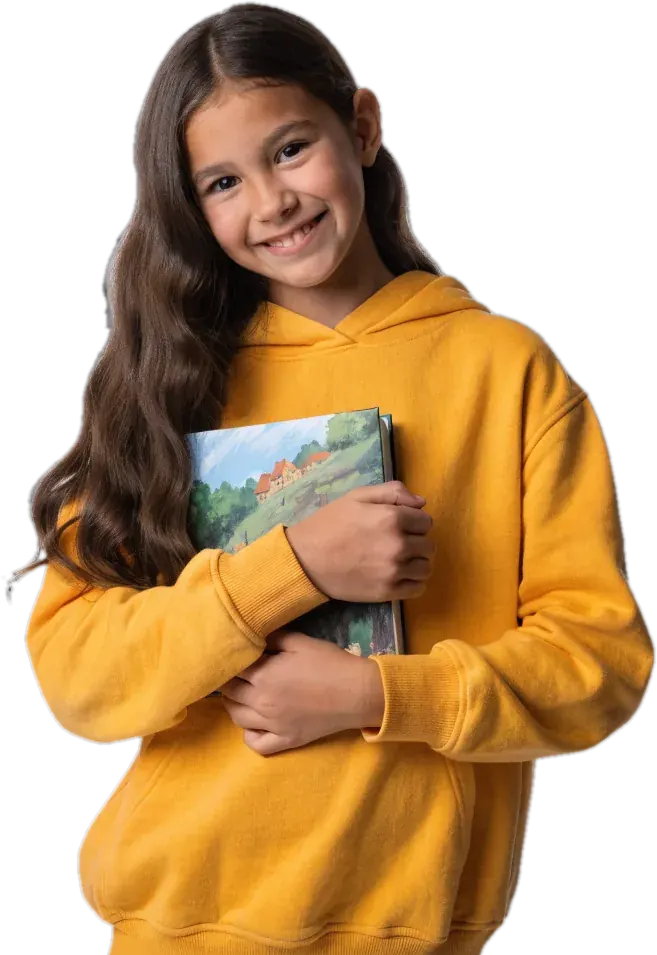 Girl in a yellow hoodie hugging a picture book with a painted village on the cover