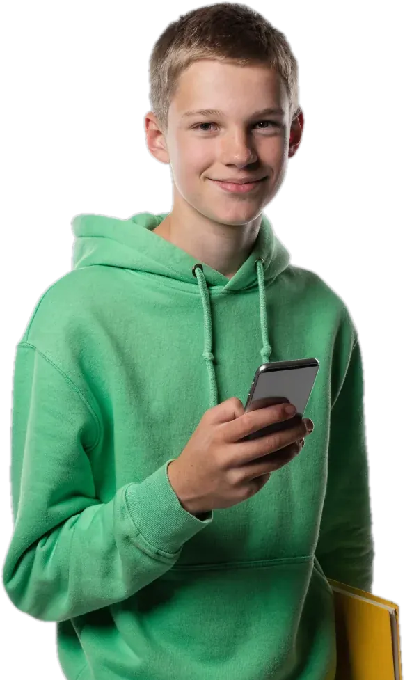 Teen in a lime-green hoodie holding a phone and a notebook