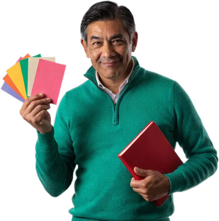 Spanish teacher in an emerald quarter-zip holding colourful flash cards and a book