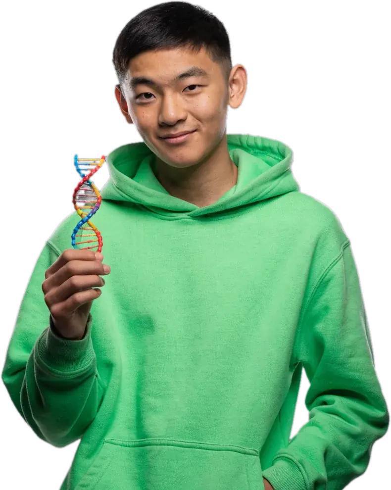 Teen in a lime-green hoodie holding a DNA model