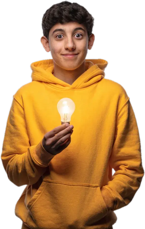 Teen in a yellow hoodie holding a glowing light bulb
