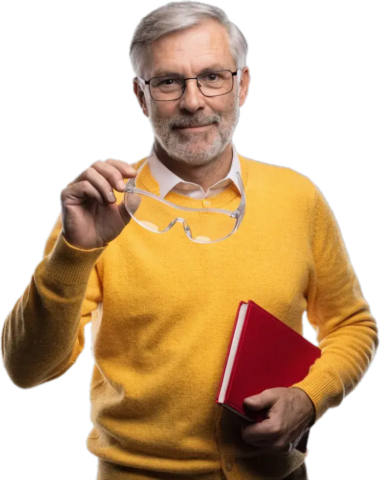 Chemistry teacher in glasses and a marigold cardigan holding safety goggles