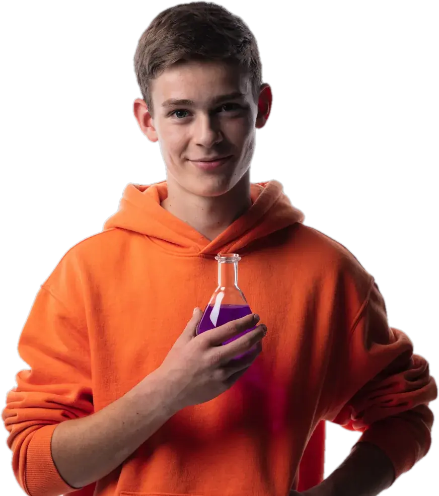 Teen in an orange hoodie holding a flask of purple liquid