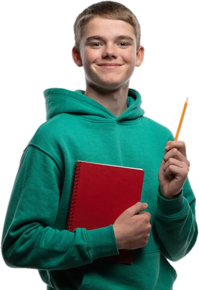 Teen in a green hoodie holding a red notebook and a pencil