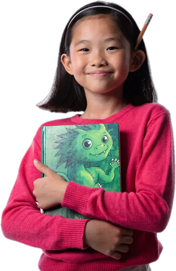 Girl in a pink sweater hugging a notebook with a painted dragon on the cover