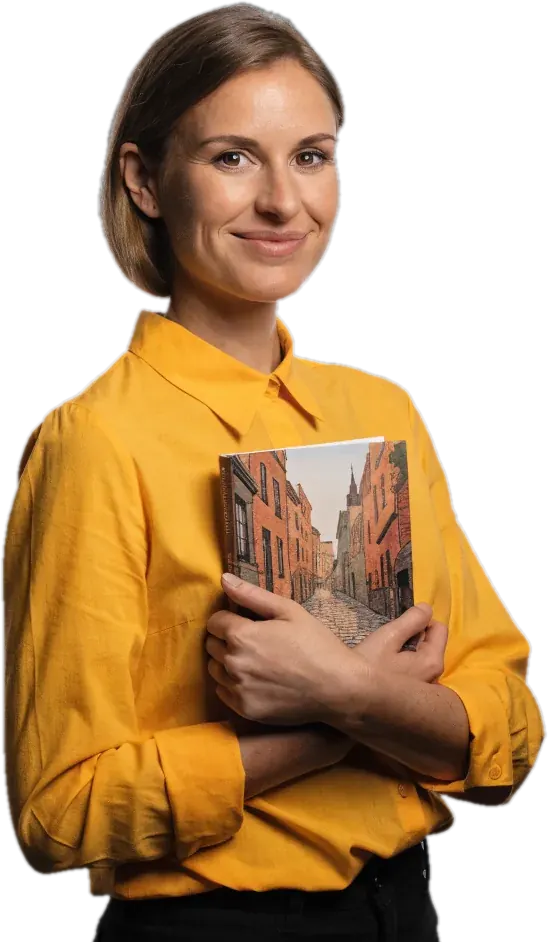 Adult French learner holding a book with a painted Quebec City street on the cover