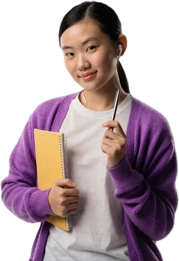 Teen in a purple cardigan holding a notebook and a pen