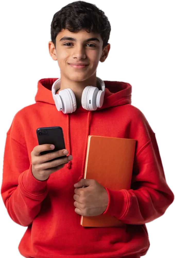 Teen in a red hoodie with headphones, a phone and a notebook