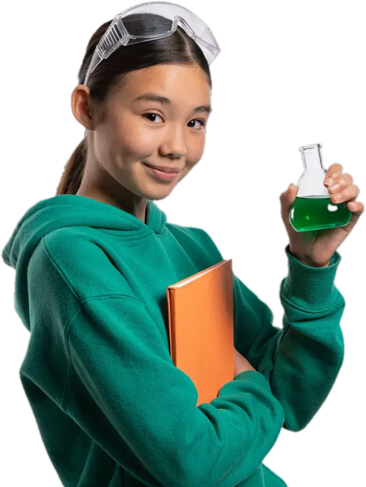 Teen science student with safety goggles holding a flask of green liquid