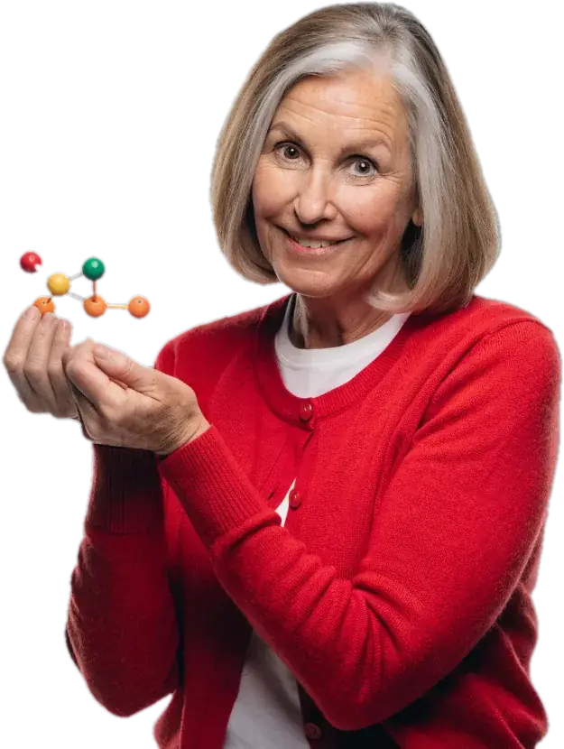 Smiling science teacher holding a colourful molecule model