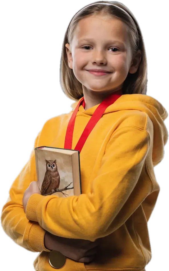 Proud girl with a spelling bee medal hugging a chapter book