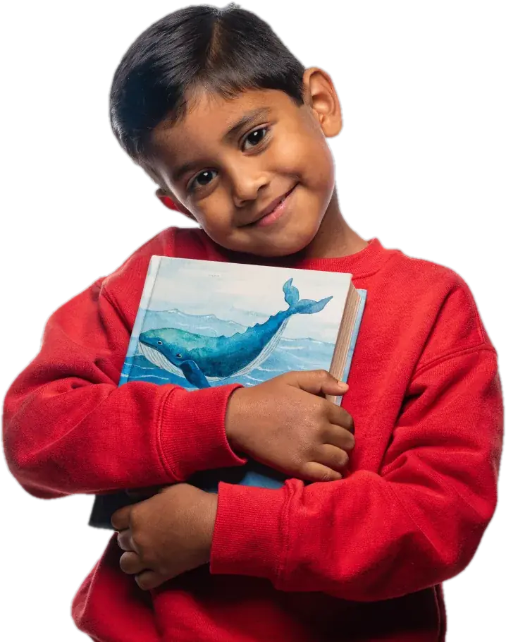 Happy boy hugging a picture book with a whale on the cover