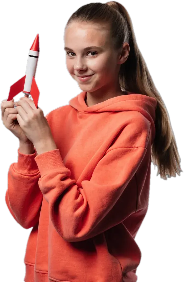 Teen physics student holding a model rocket