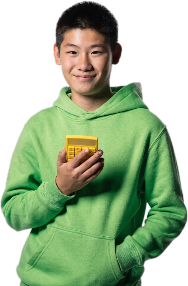 Teenage boy in a lime hoodie holding a yellow calculator