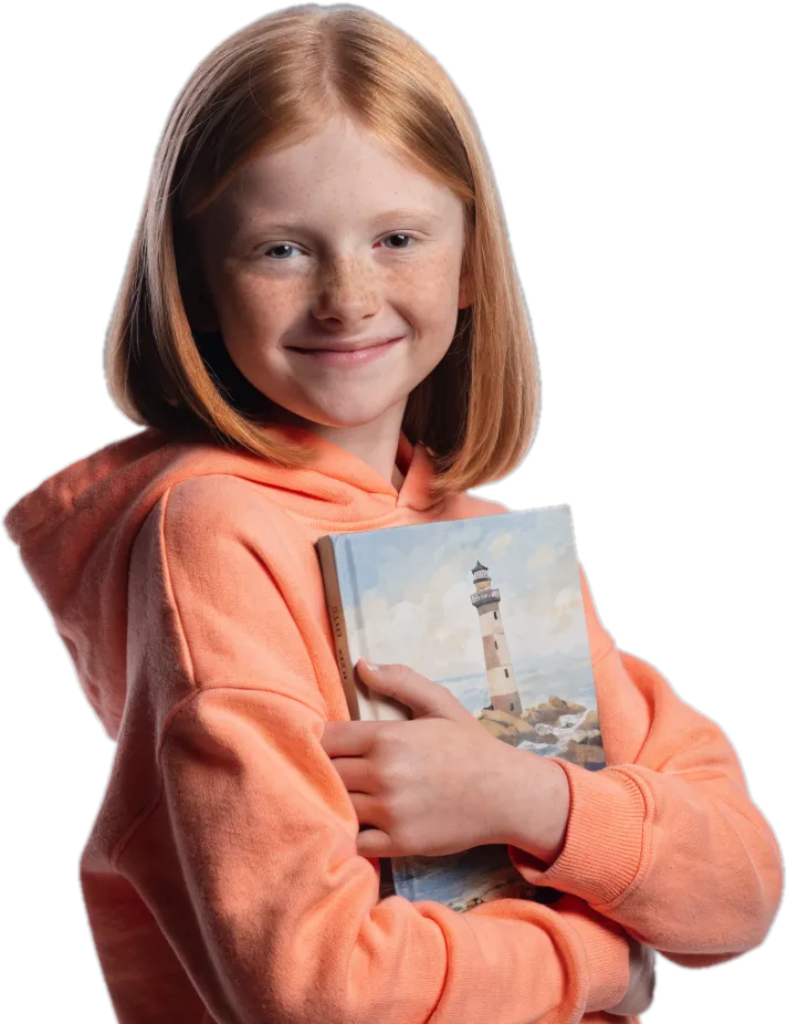 Girl in a peach hoodie hugging a picture book with a lighthouse on the cover