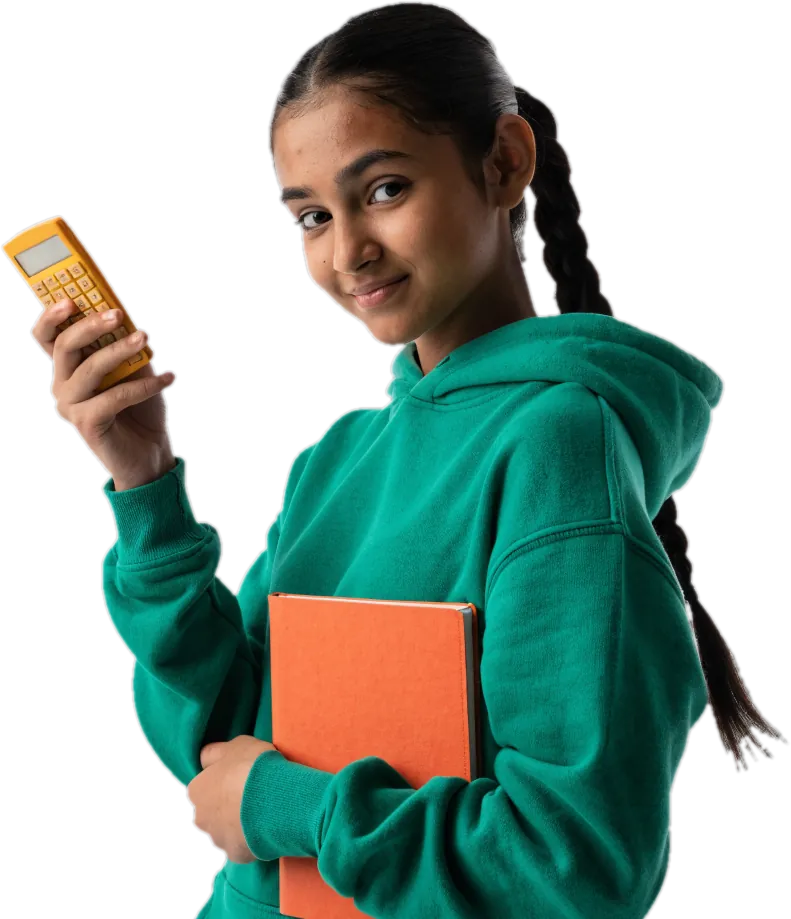Teenage girl in an emerald hoodie holding a calculator and a notebook