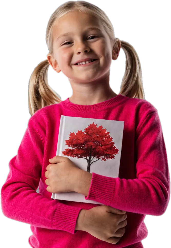 Girl with blonde pigtails hugging a picture book with a red maple tree on the cover