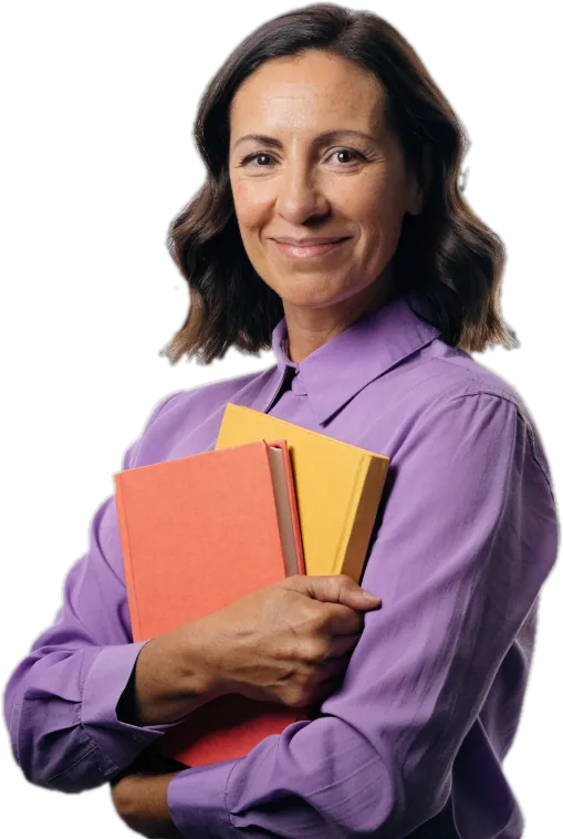 Smiling teacher in a lilac blouse holding two books