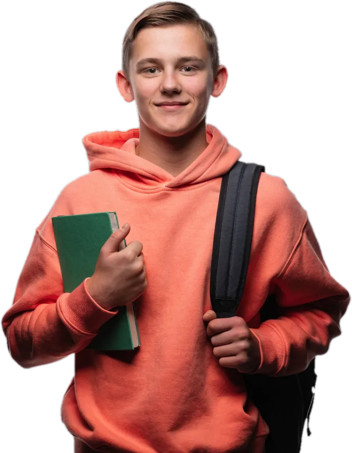 Teenage boy in a peach hoodie with a textbook and a backpack