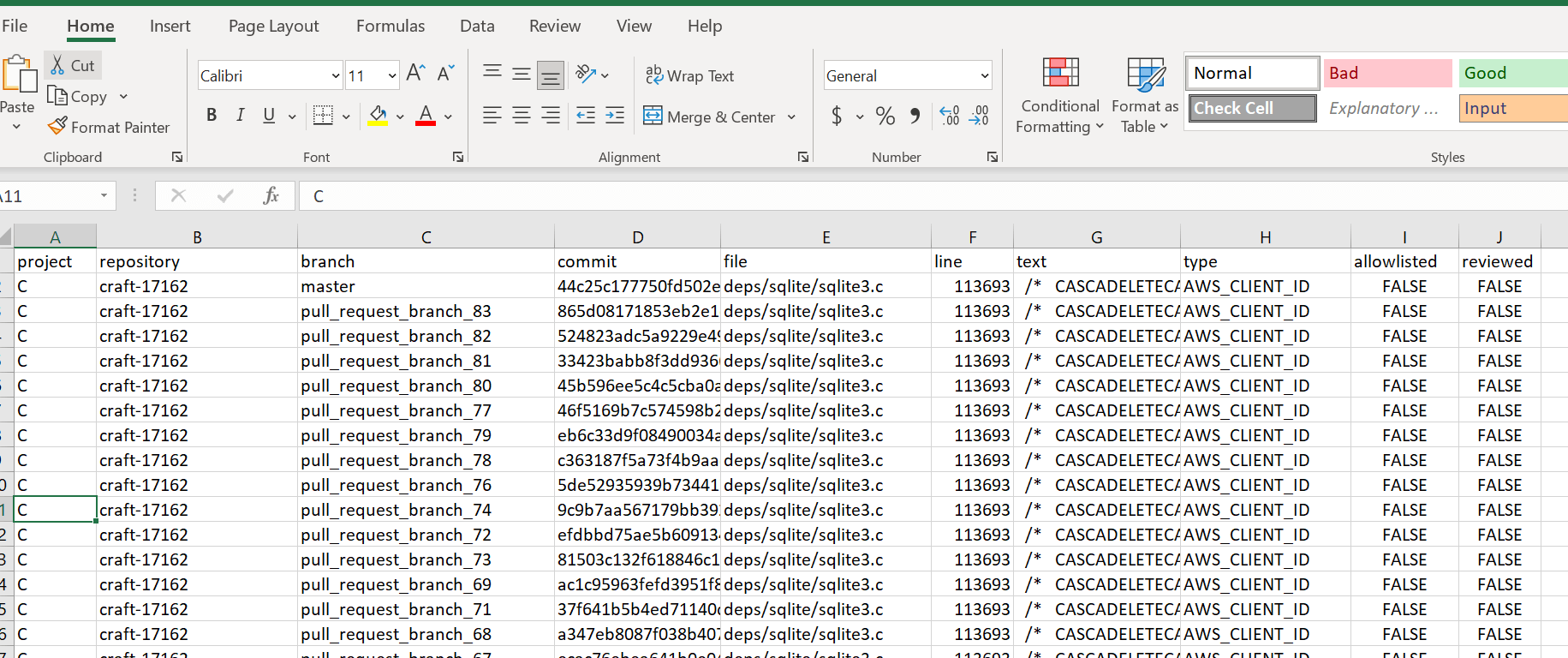 Exported Security Scan Results in a Spreadsheet