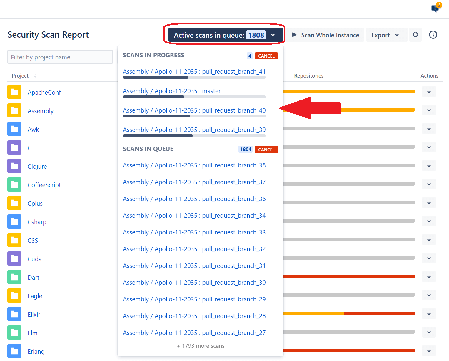 Security Scanner Status With Active Scans in Queue