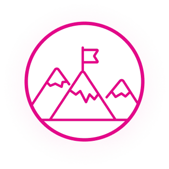 Icon of three mountains with a flag on the tallest peak inside a pink circular border.