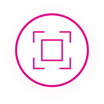 Pink square with four corner brackets inside a thick pink circular outline on a black background.