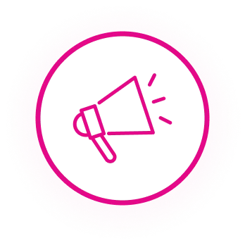 Pink megaphone icon with sound lines inside a pink circular border on a black background.