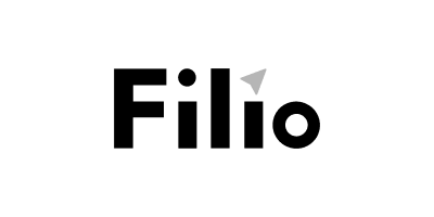 Logo of Filio with stylized text and an abstract shape above the letter 'i'.